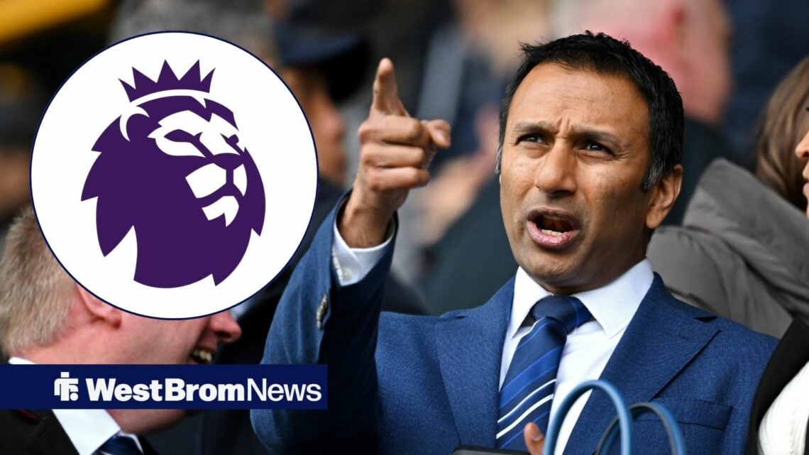 West Brom owner Shilen Patel looking in the direction of the Premier League badge.
