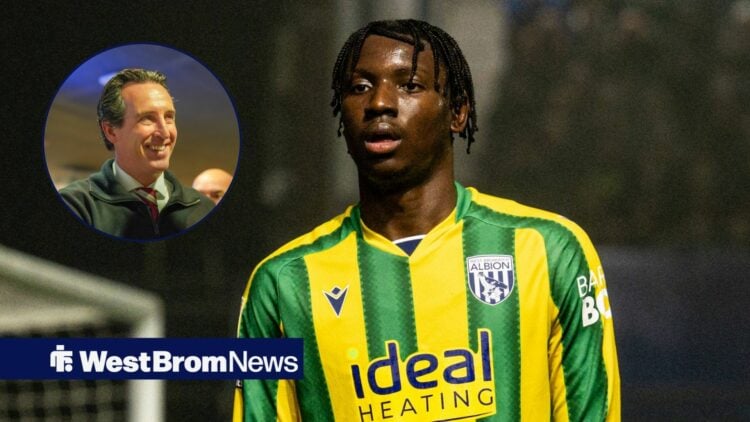 Jamaldeen Jimoh-Aloba in action for West Brom with Unai Emery in circular inset