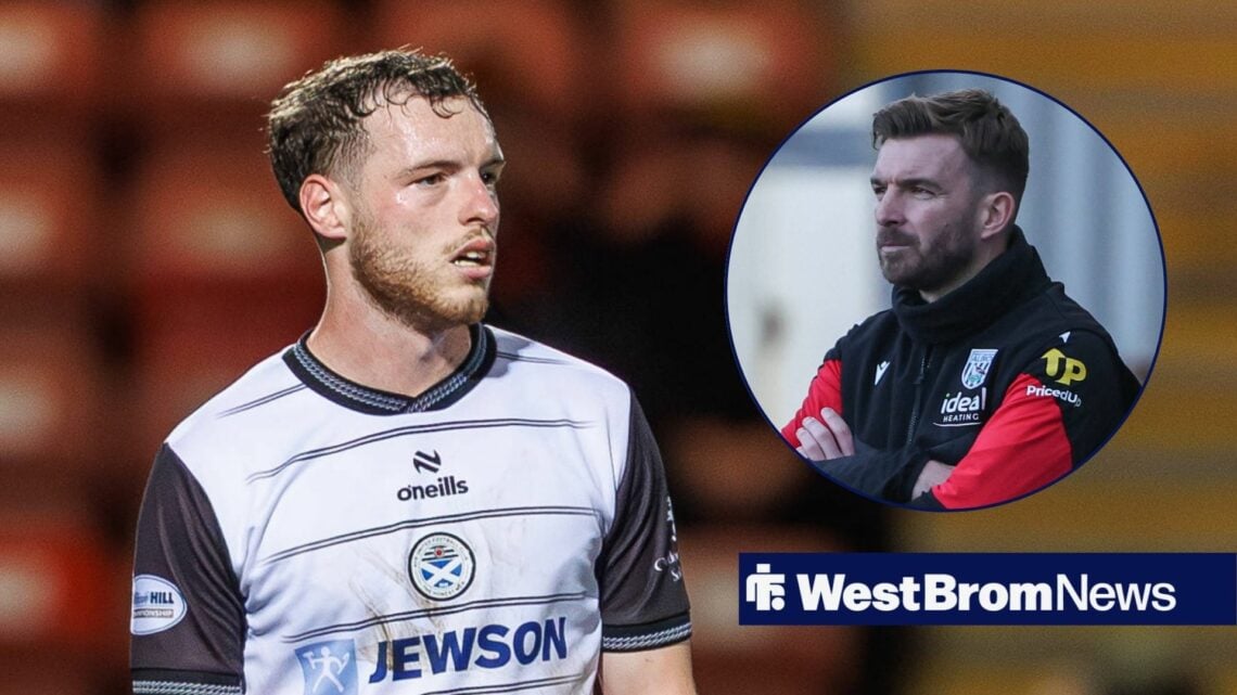 Leon King playing for Ayr United while looking at West Brom head coach James Morrison