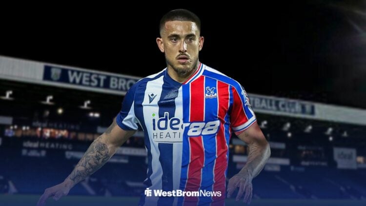 Danny Imray wearing a 50-50 shirt in the colours of West Bromwich Albion and Crystal Palace.