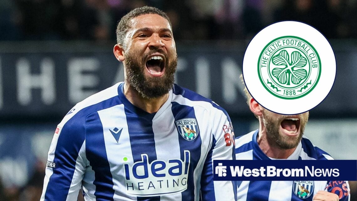 George Campbell celebrating after scoring for West Brom, Celtic badge in inset.