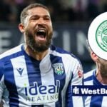 George Campbell celebrating after scoring for West Brom, Celtic badge in inset.