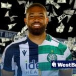 George Campbell wearing a 50-50 shirt in the colours of West Bromwich Albion and Celtic.