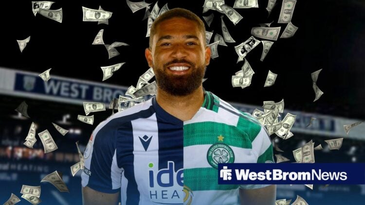 George Campbell wearing a 50-50 shirt in the colours of West Bromwich Albion and Celtic.