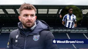 West Brom manager James Morrison looking concerned, Kevin Mfuamba training in inset.