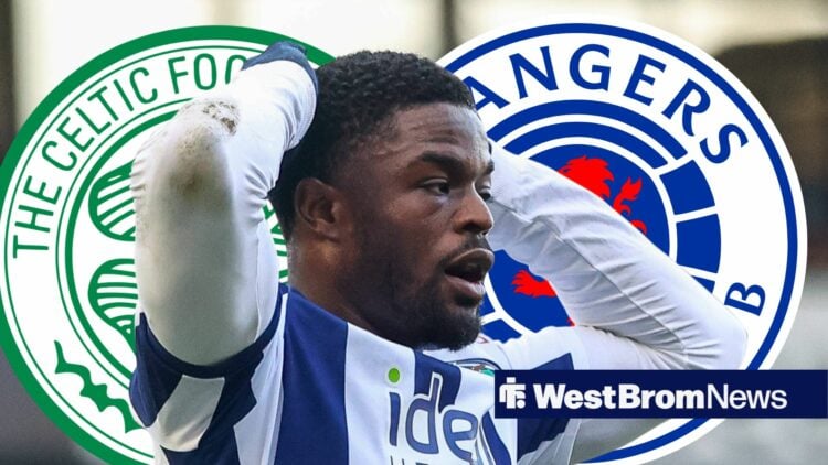 Josh Maja looking gutted in action for West Brom, Rangers and Celtic badges behind him.