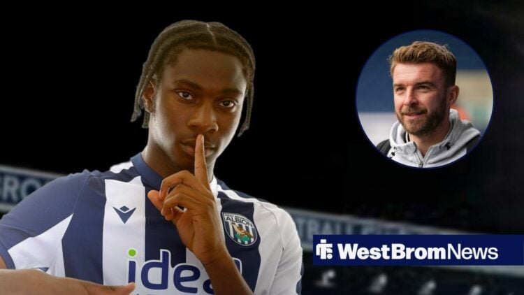 Justin Seven-Seven in a West Brom shirt at The Hawthorns, James Morrison smiling in inset.