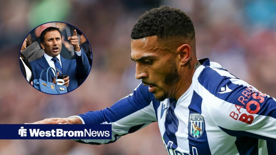 Karlan Grant in action for West Brom, Shilen Patel pointing his finger.