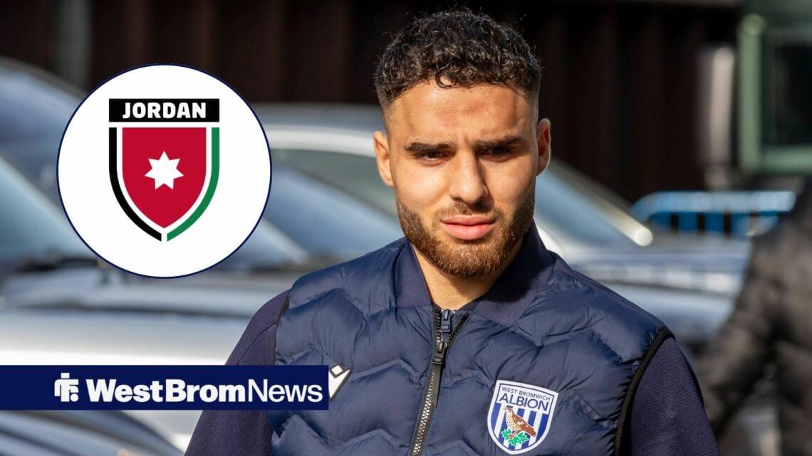 Tammer Bany, of West Brom, looking confused, Jordan National team badge in inset.