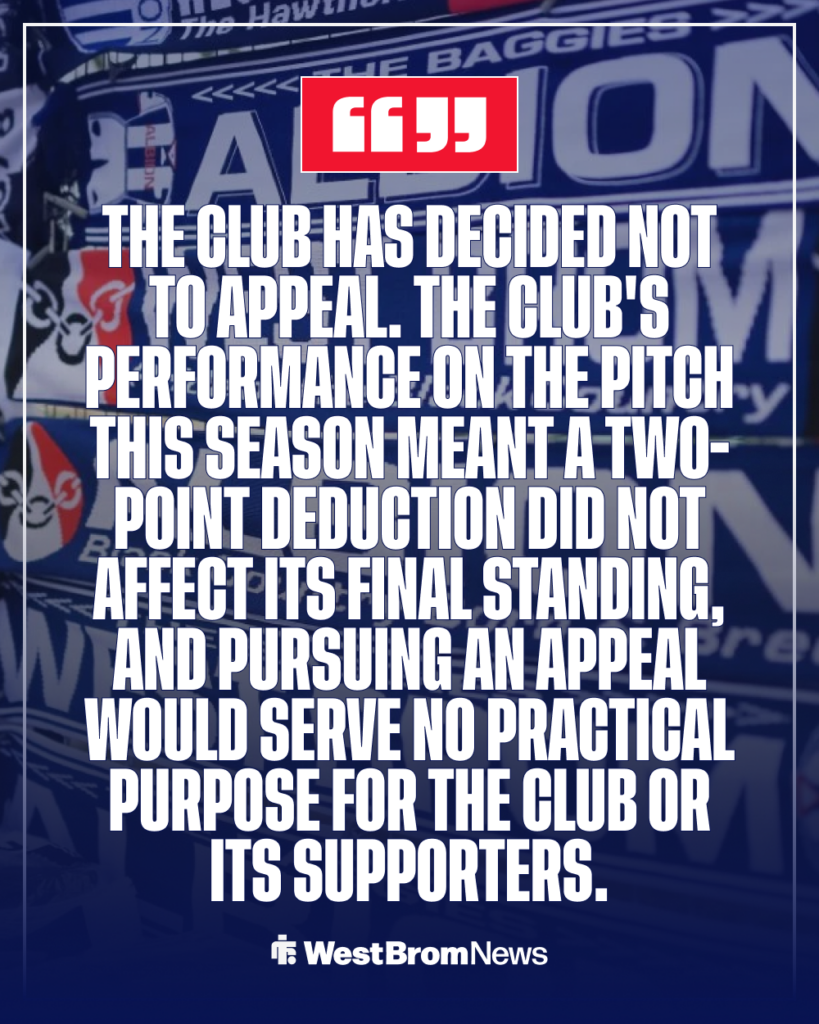 West Brom statement on points deduction appeal