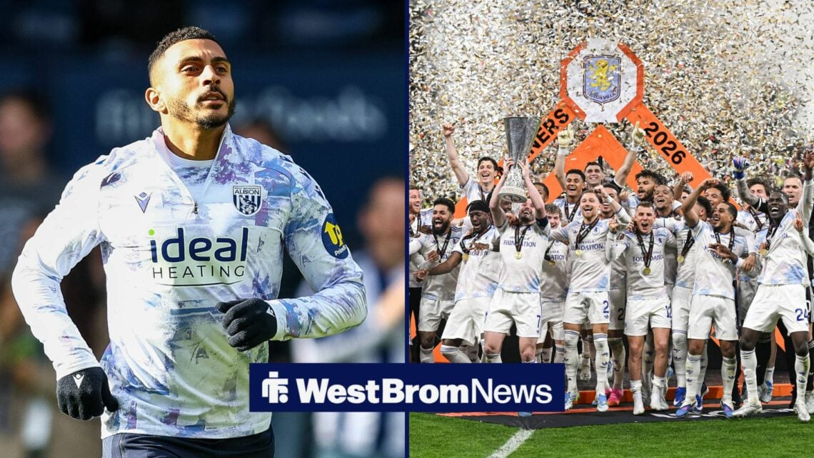 Karlan Grant warms up for West Brom, while Aston Villa players lift the Europa League in a split image