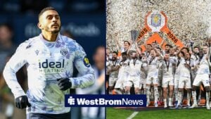 Karlan Grant warms up for West Brom, while Aston Villa players lift the Europa League in a split image