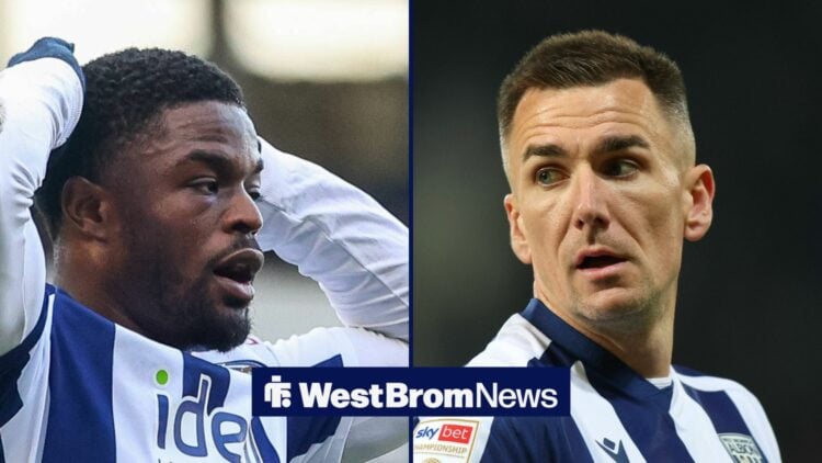 Josh Maja with his hands on his head, with Jed Wallace alongside him in a split image