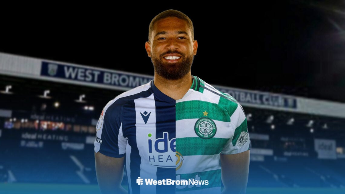 George Campbell wearing a 50-50 shirt in the colours of West Bromwich Albion and Celtic.