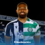 George Campbell wearing a 50-50 shirt in the colours of West Bromwich Albion and Celtic.