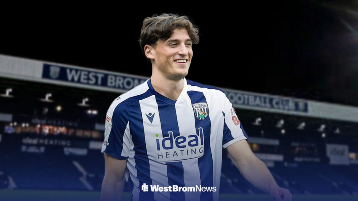 Falkirk striker Barney Stewart wearing a West Brom shirt with The Hawthorns in the background