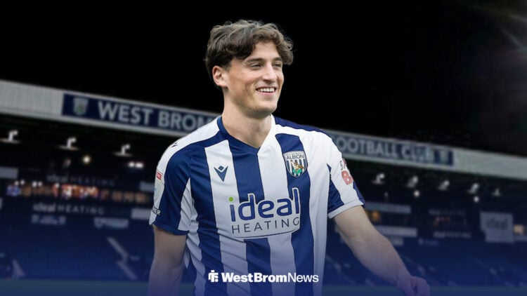 Falkirk striker Barney Stewart wearing a West Brom shirt with The Hawthorns in the background