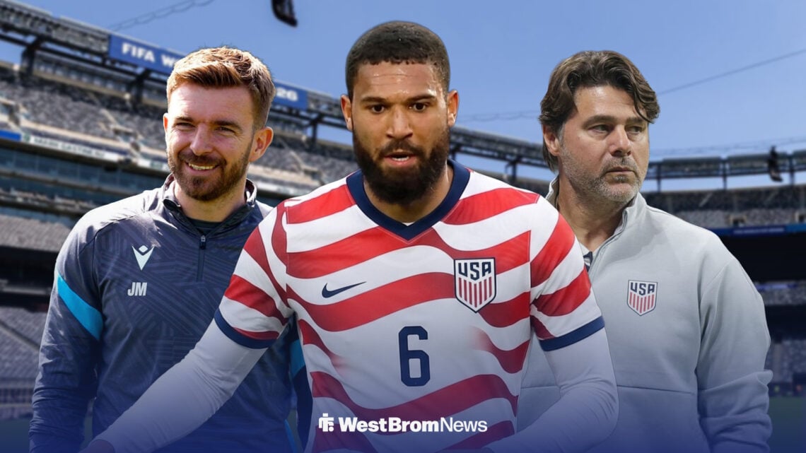 James Morrison, George Campbell and Mauricio Pochettino standing in front of a MetLife Stadium background.