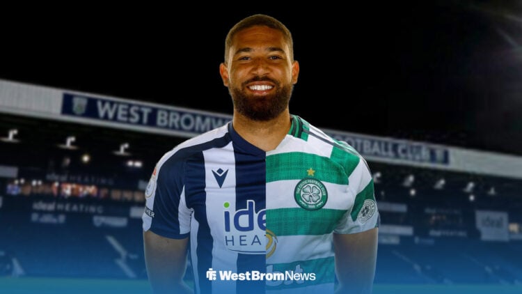 George Campbell wearing a 50-50 shirt in the colours of West Bromwich Albion and Celtic.