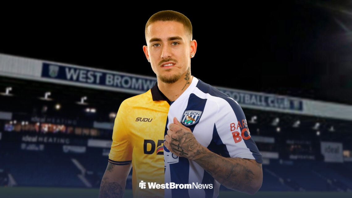 Danny Imray in a Wolves and West Brom half-and-half shirt, outside The Hawthorns.